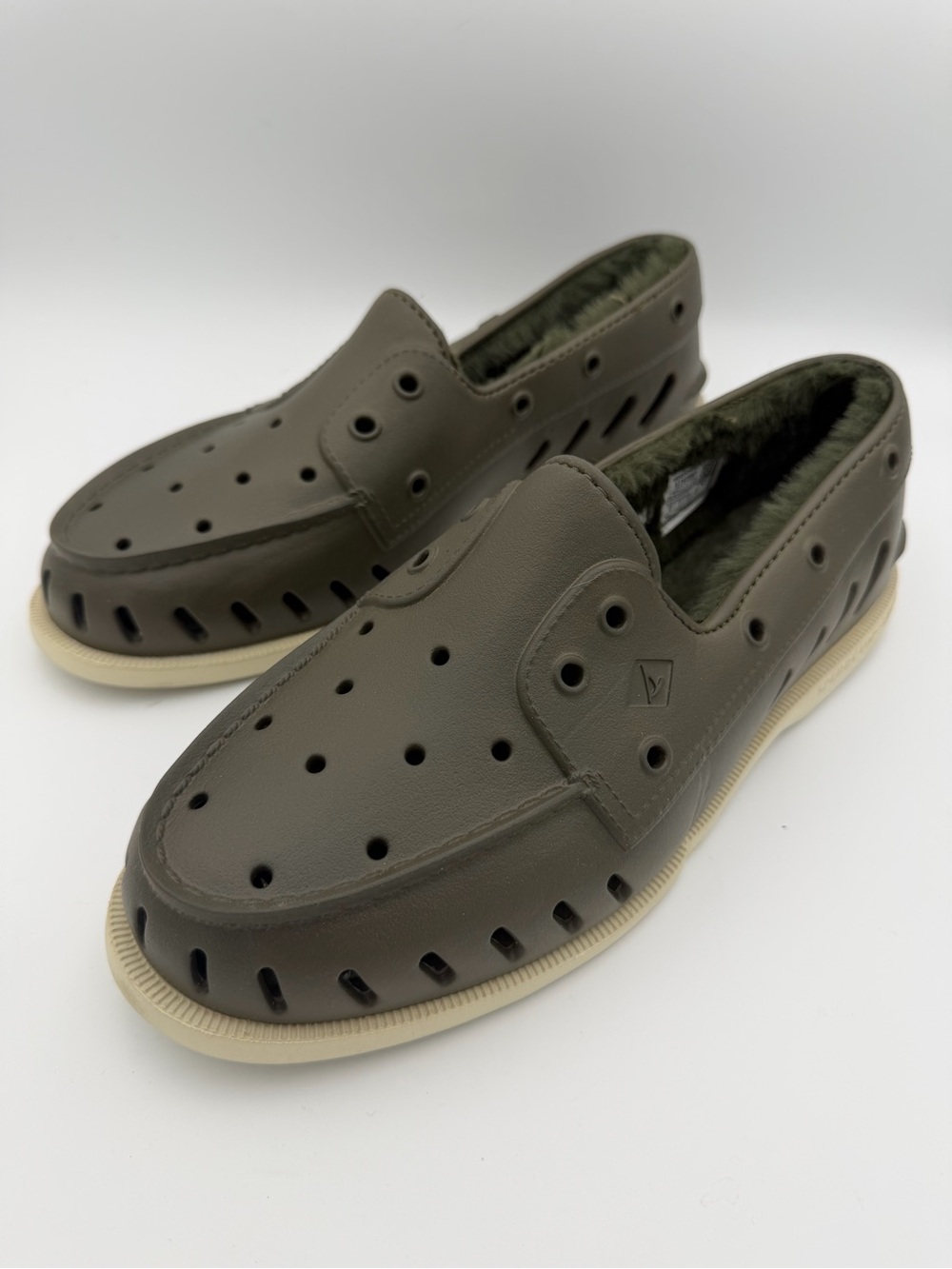 NEW Sperry A/O Float Cozy Faux-Fur Lined Boat Shoes Men's Size 10 olive green